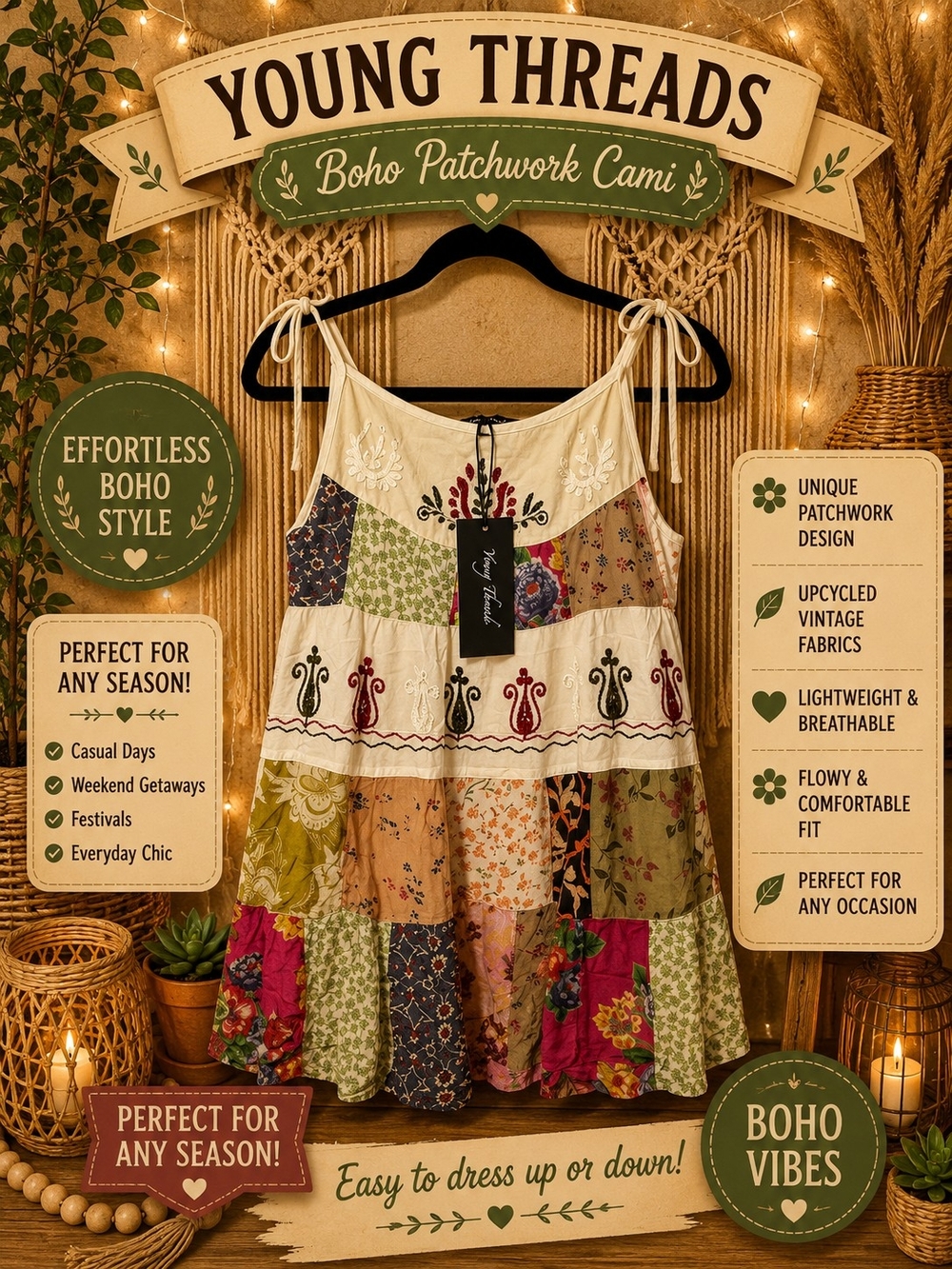 361 Young Threads Boho Patchwork Cami Tank Top - Multicolor